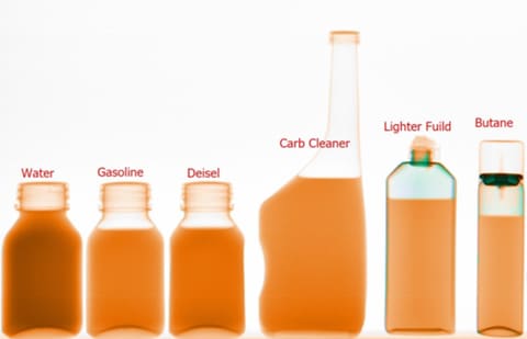 TSA CBT Test X-ray: examples of water, gasoline, diesel, carb cleaner, lighter fluid, and butane (example)