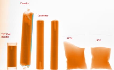 TSA CBT Test X-ray: examples of military explosives like TNT Cast Booster, Emulsion, Dynamite, PETN, and RDX (example)