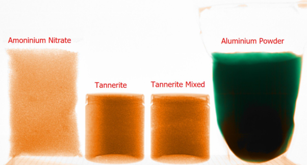TSA CBT Test X-ray: examples of Ammonium Nitrate, Tannerite, Tannerite Mixed, and Aluminium Powder (example)