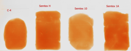 Plastic explosives appear orange in X-ray images: C-4, Semtex H, Semtex 10, Semtex 1A (example)