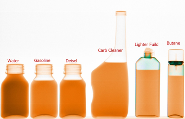 TSA CBT Test X-ray: examples of water, gasoline, diesel, carb cleaner, lighter fluid, and butane