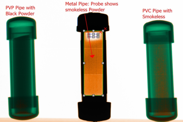 TSA CBT Test X-ray: examples of pipe bombs with black powder, metal and PVC with smokeless powder