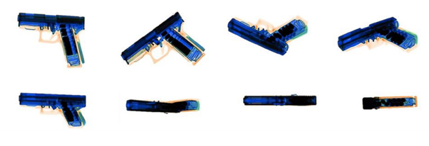 X-ray example of a pistol: slide forward with magazine and with bullets (loaded)